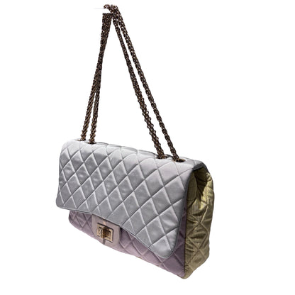 Used CHANEL Satin Reissue 2.55 Chain Shoulder Bag Grey Pink Yellow GHW