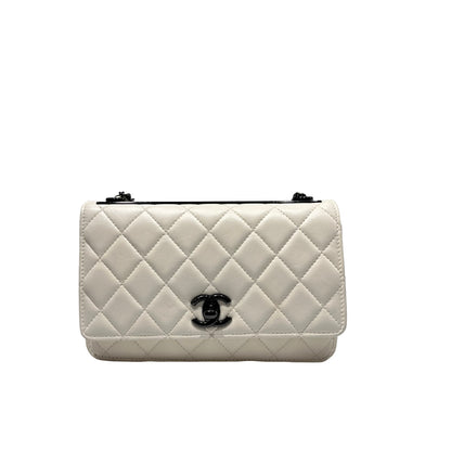 Used CHANEL Lambskin Leather WOC Shoulder Bag White Black Hardware