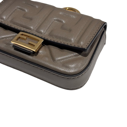 Used FENDI FF Leather Baguette Mini Bag Grey Gold