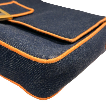 Used FENDI Denim BAEEGUETTE LARGE Shoulder Bag Navy Blue Orange