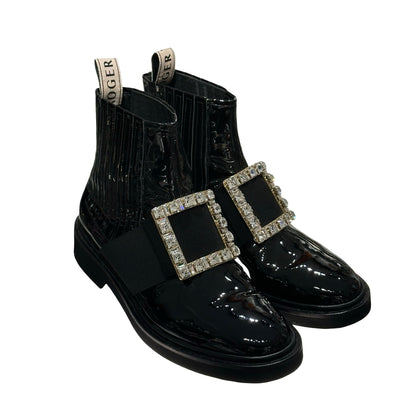 Used ROGER VIVIER Patent Leather Viv' Rangers Chelsea Boots Shoes Black GHW