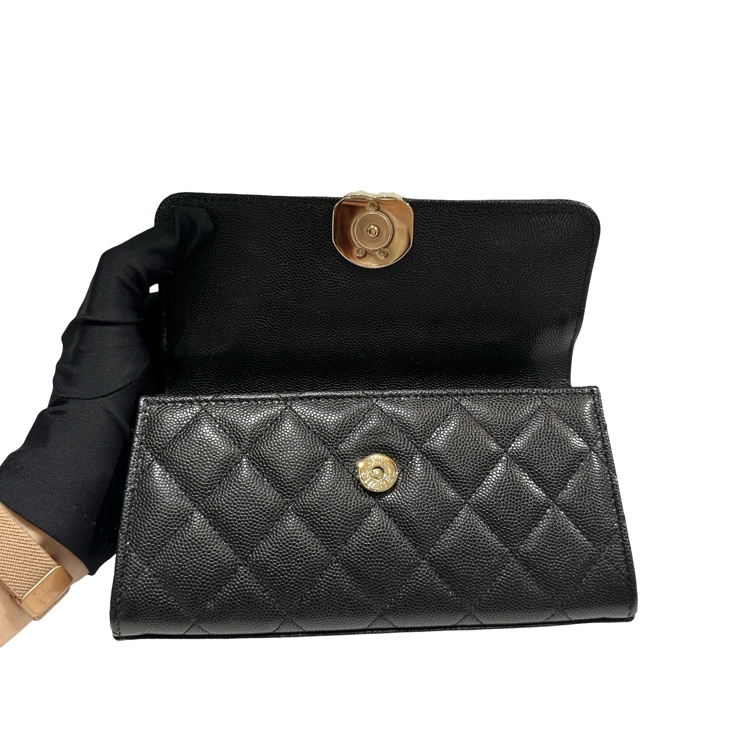 Used CHANEL Quilted Caviar Handle Classic Flap Handbag Black Gold
