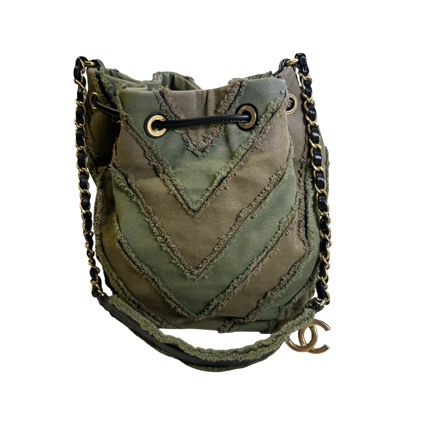 Used CHANEL Chevron Fringed Canvas Chevron Fringed Canvas Drawstring Bucket Bag Drawstring Bag Olive Green