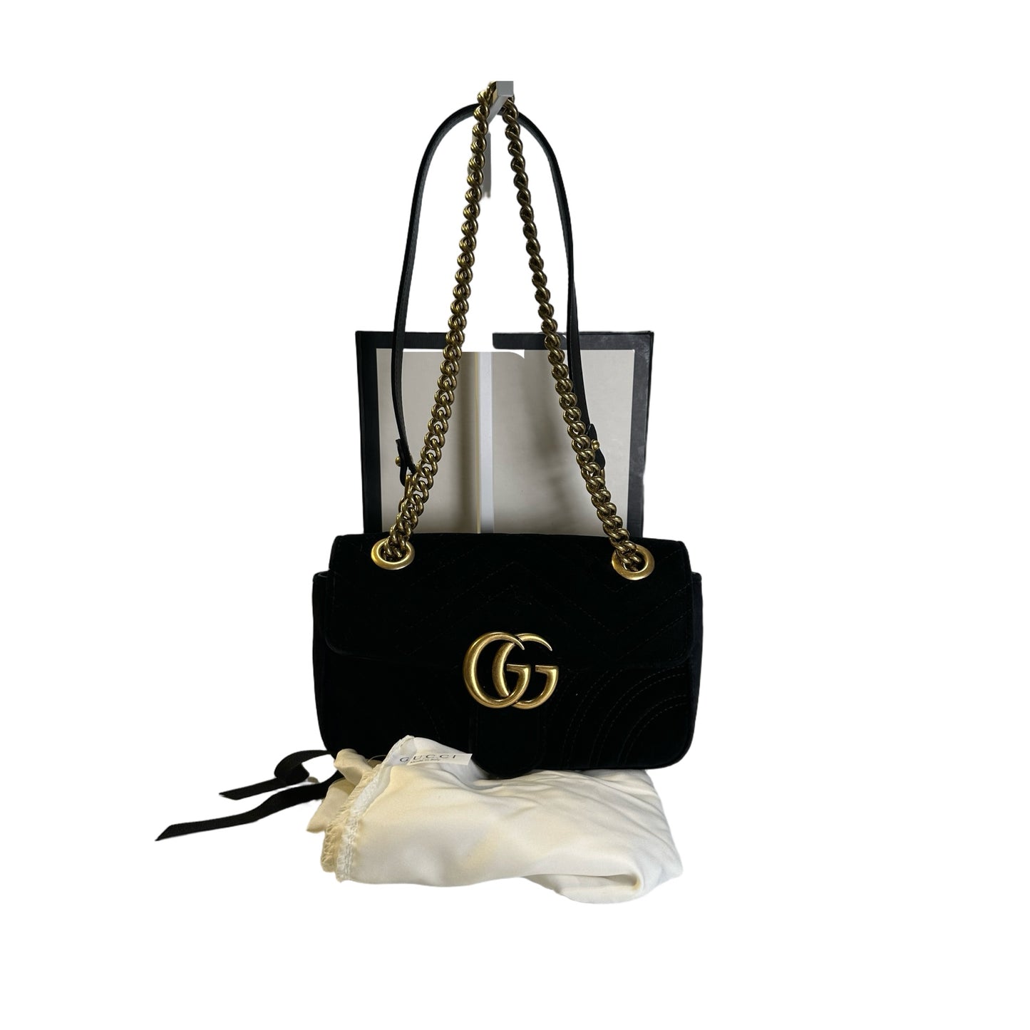 Used GUCCI Chevron Velvet GG Marmont Shoulder Bag Black