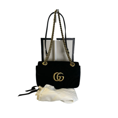 Used GUCCI Chevron Velvet GG Marmont Shoulder Bag Black
