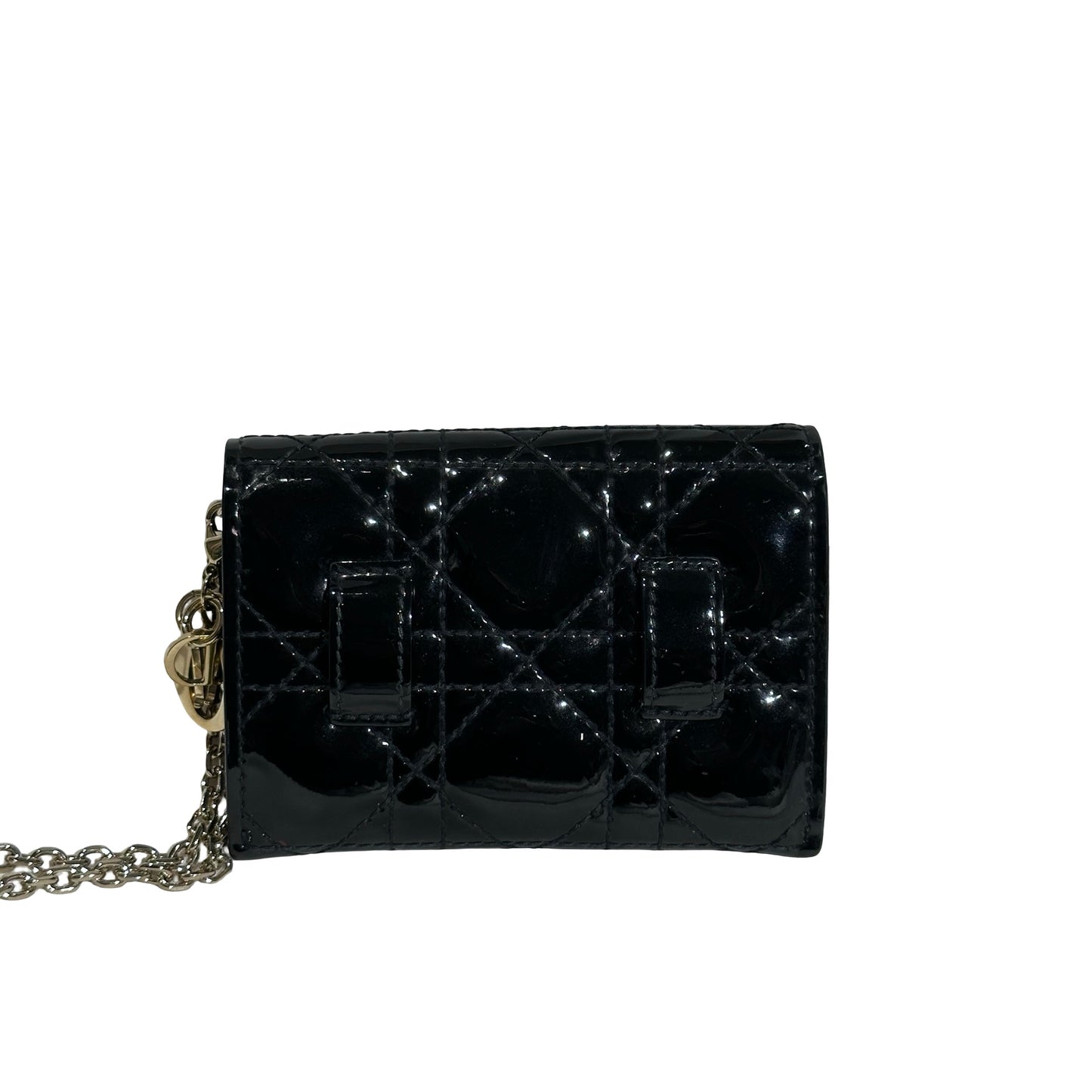 Used DIOR Cannage Patent Leather LADY DIOR NANO POUCH with CHAIN Chain Shoulder Bag Black GHW