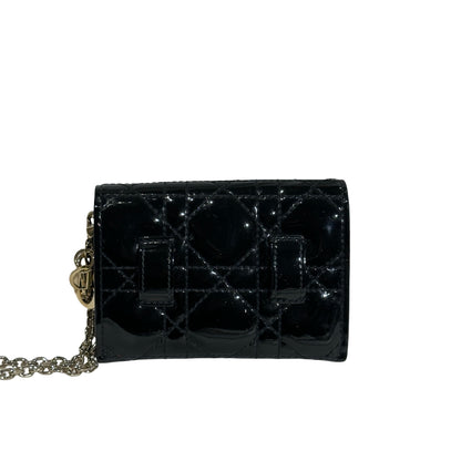 Used DIOR Cannage Patent Leather LADY DIOR NANO POUCH with CHAIN Chain Shoulder Bag Black GHW