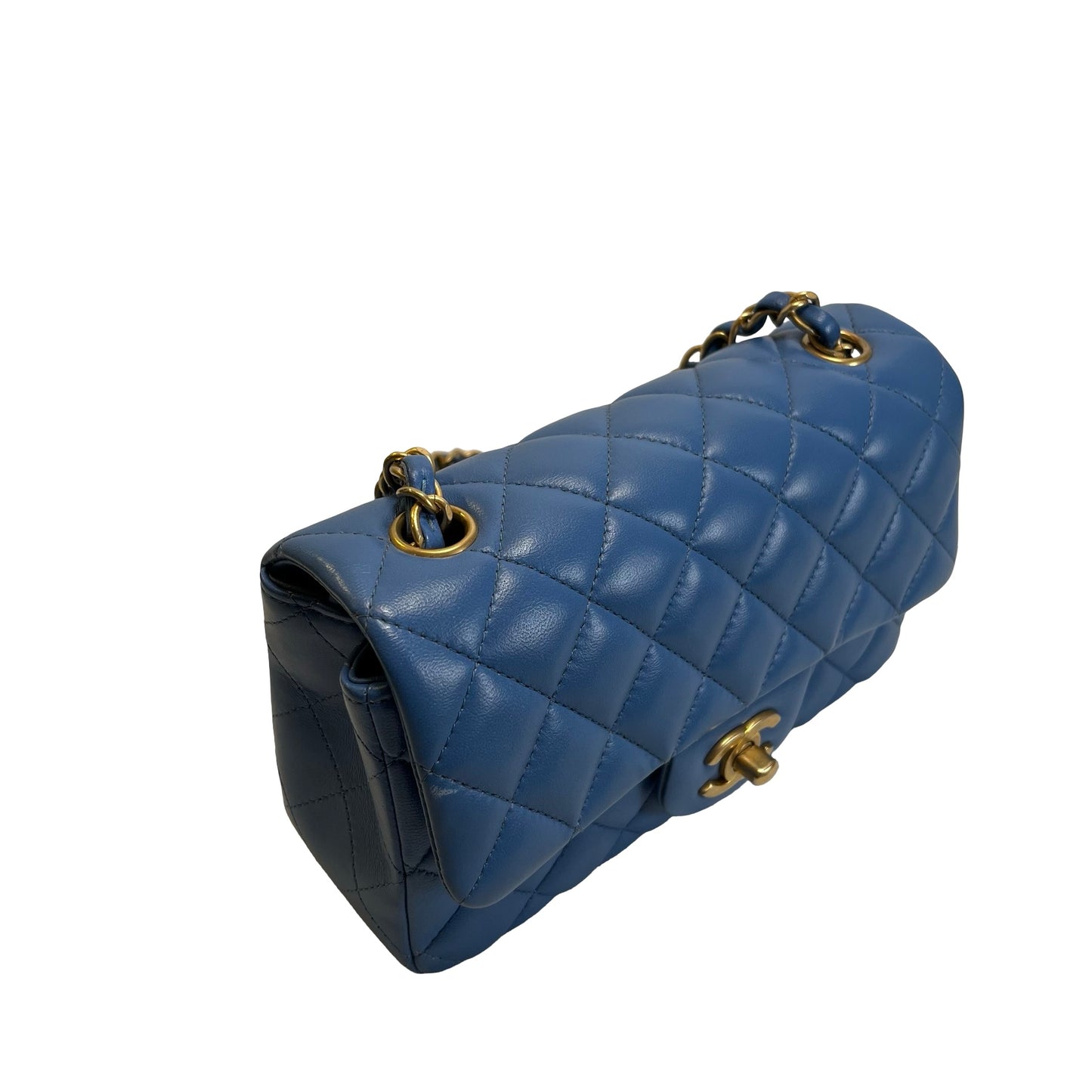 Used CHANEL Quilted Lambskin Classic Flap Handbag Blue Gold hardware