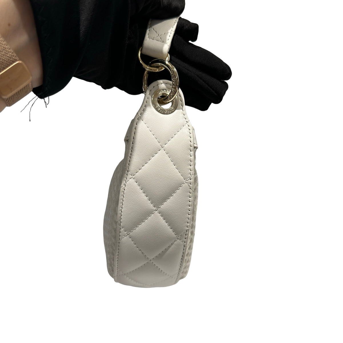 Used CHANEL Mesh Leather 25S Half Moon Clutch Hobo Bag White GHW
