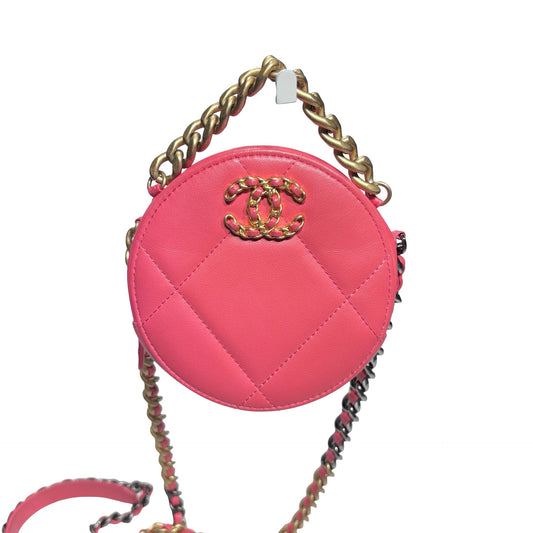 CHANEL 19 ROUND POUCH WITH CHAIN PINK LAMBSKIN