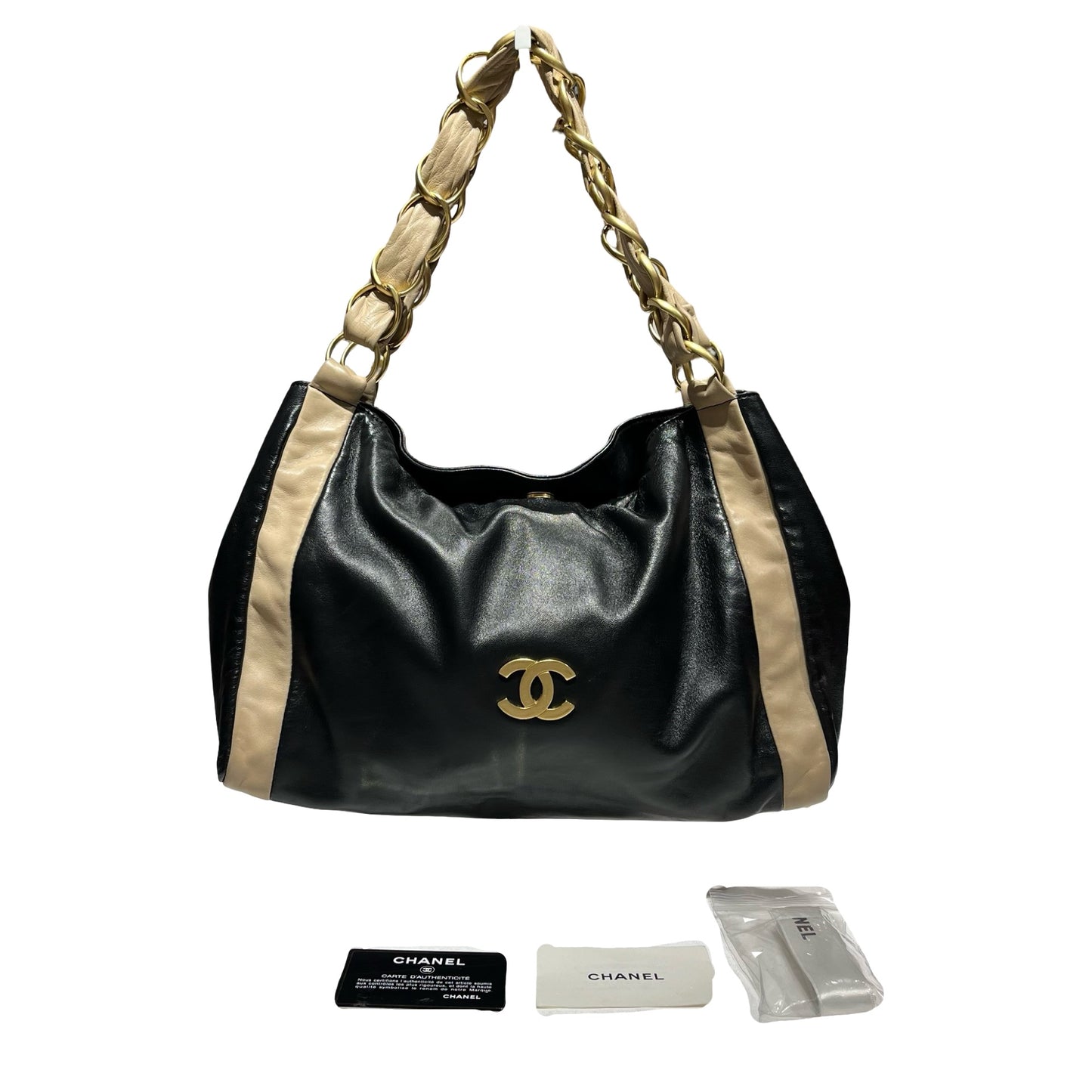 Chanel Shoulder Bag Black Beige Gold [3001098]