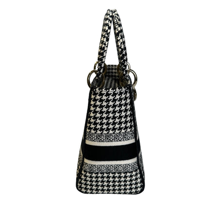 Used DIOR Houndstooth Embroidery Lady D-Lite Handbag Black White