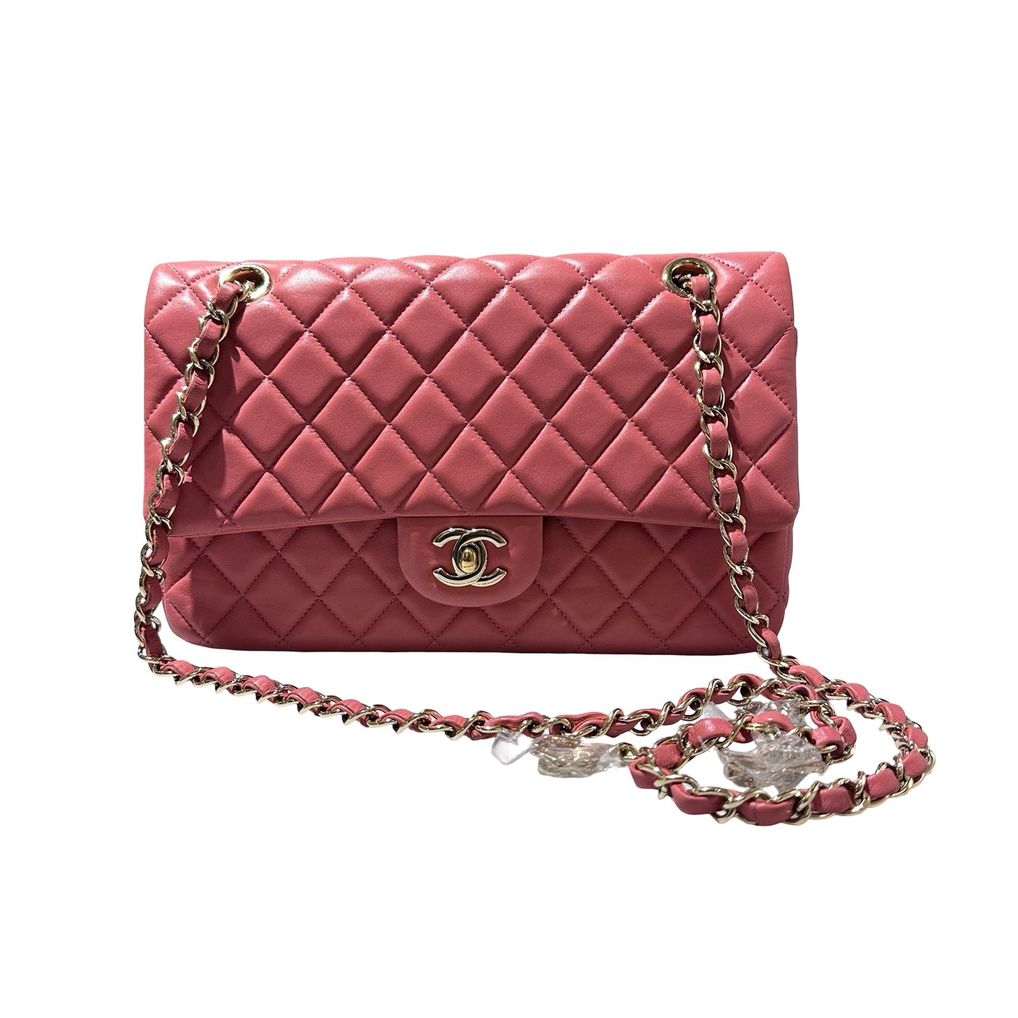 Used CHANEL Lambskin Leather Valentine Charm Classic Flap 25 Medium Chain Shoulder Bag Pink