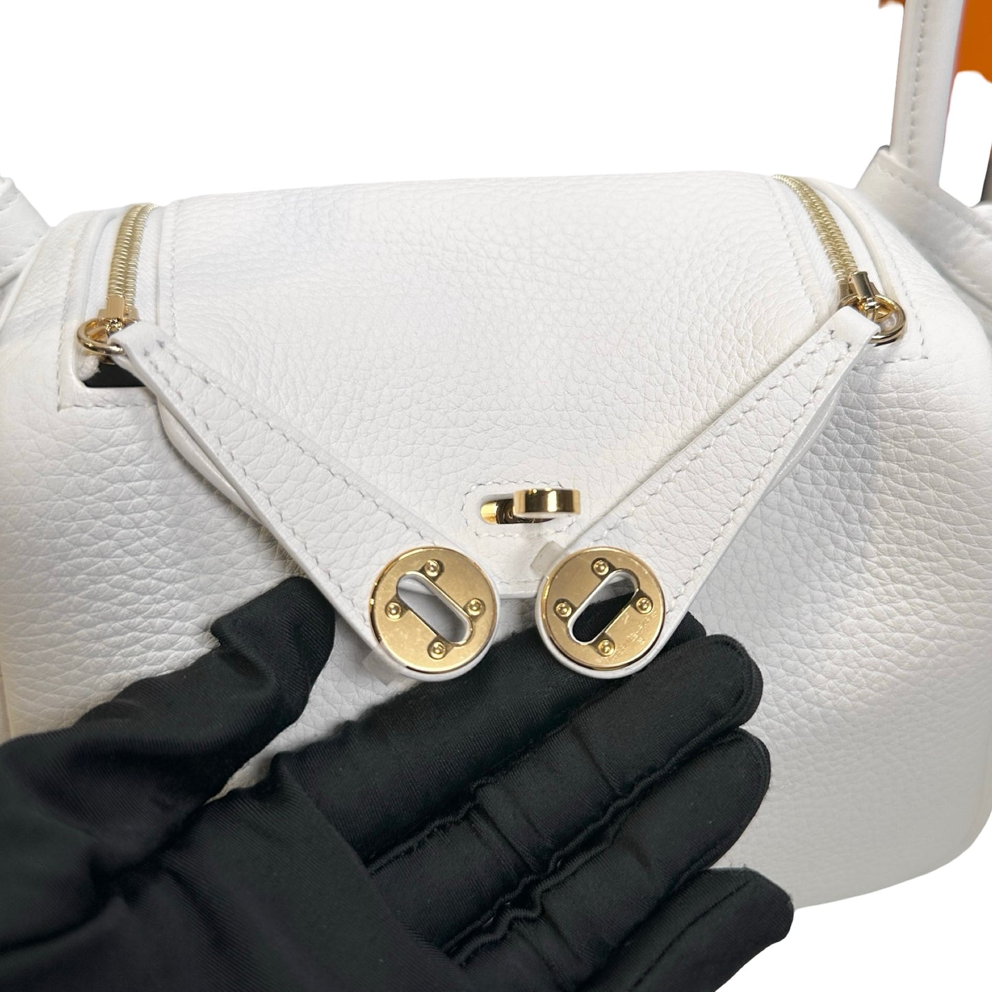 Used HERMES Clemence Leather Mini Lindy Cross body bag White GHW
