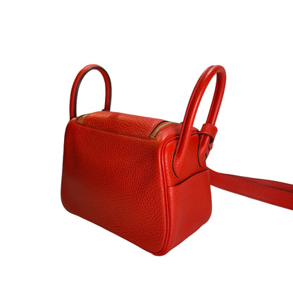Used HERMES Togo Leather Mini Lindy Handbag Red GHW