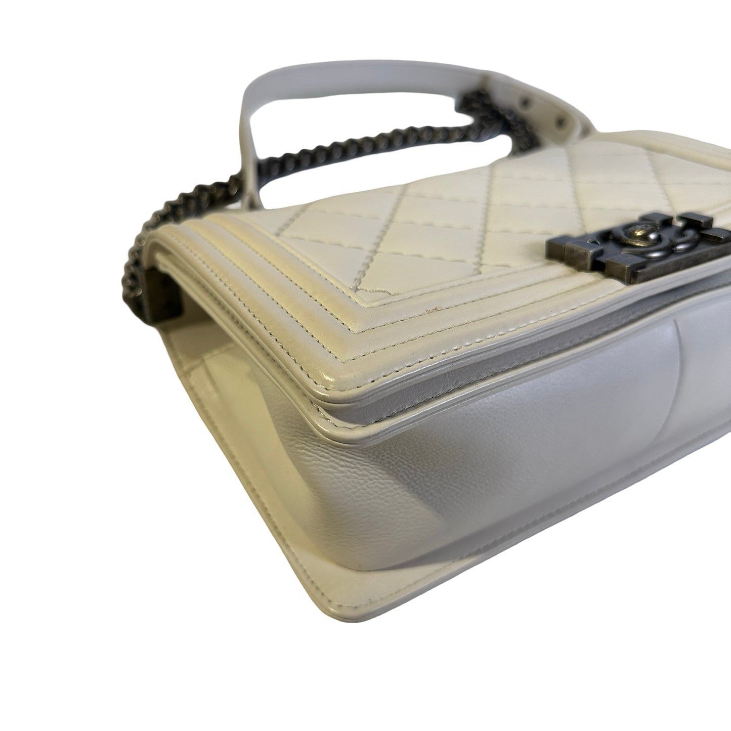 Used CHANEL Quilted Calfskin Boy Chain Shoulder Bag White