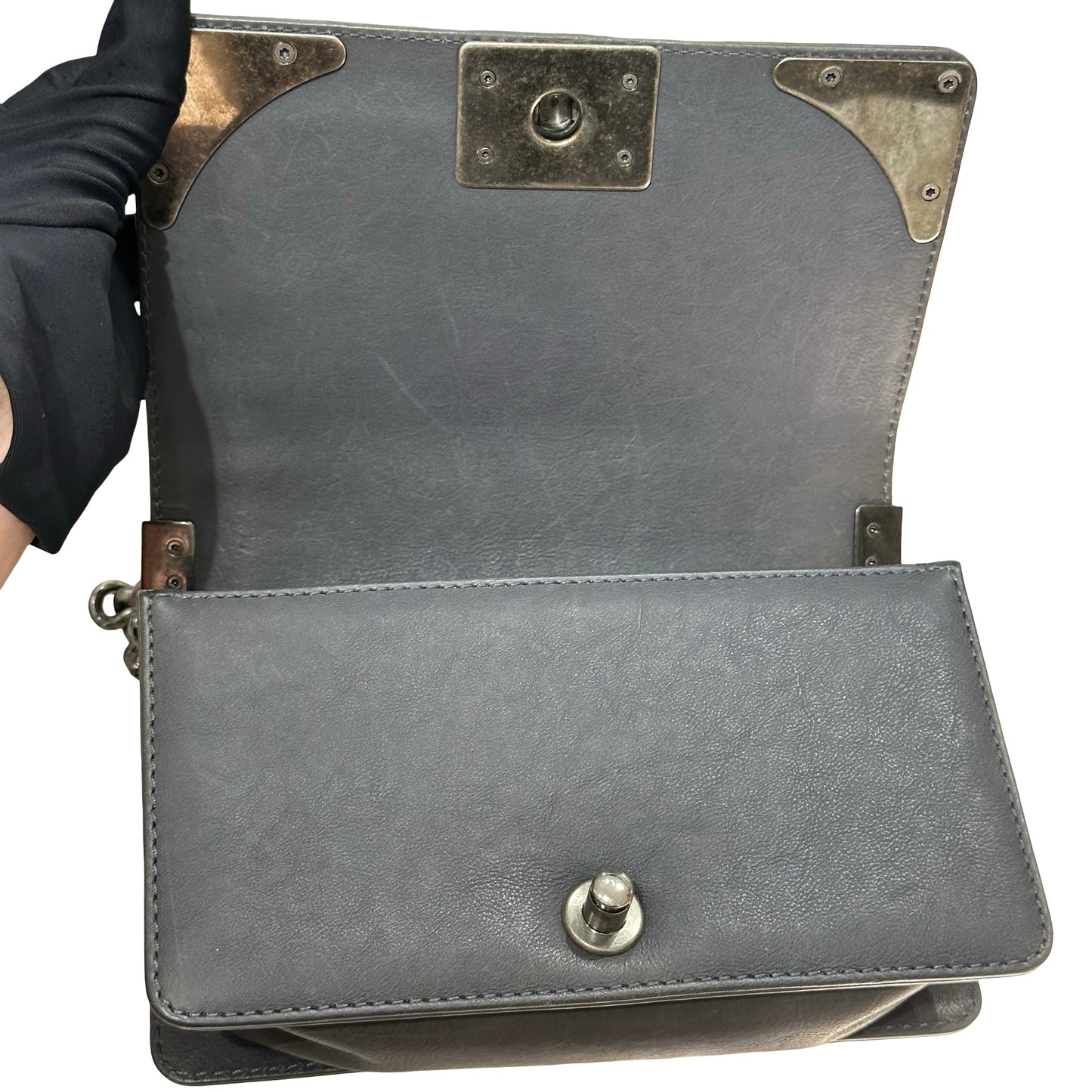 Used CHANEL Boy 20cm Cross Body Bag Grey PHW