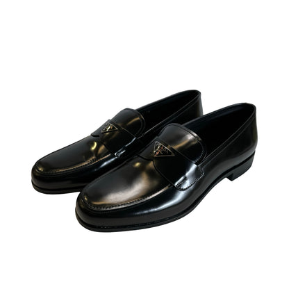 Used PRADA Leather Logo Plaque Loafers Shoes Black Silver
