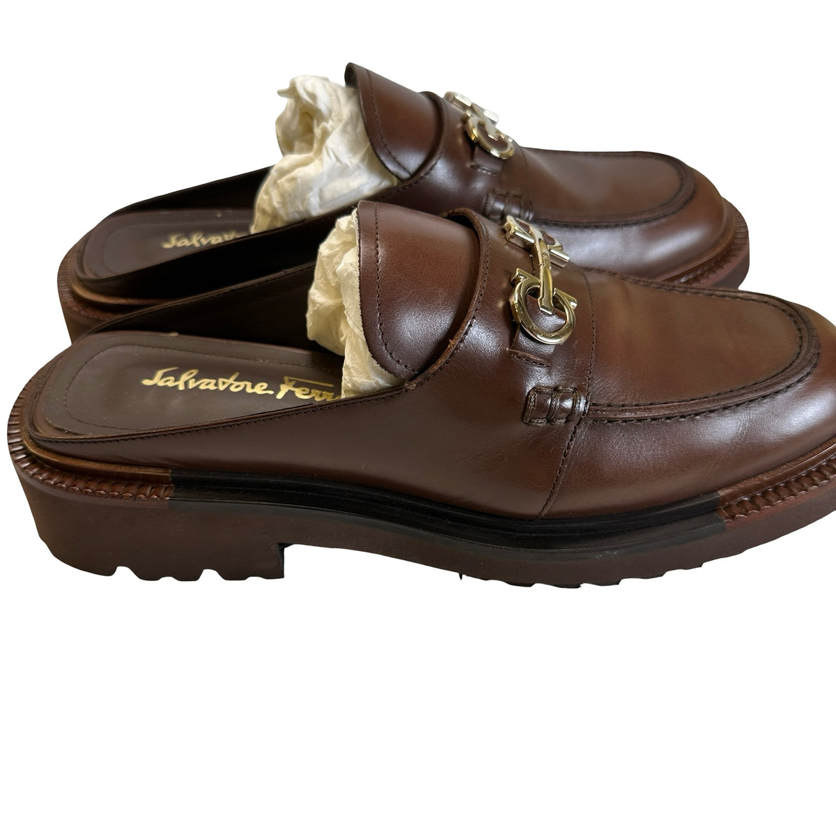 Used SALVATORE FERRAGAMO Leather Gancini Mules Shoes Brown