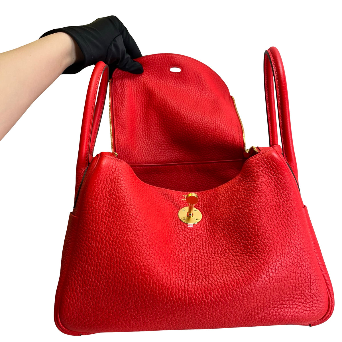 Used HERMES Clemence Lindy Handbag Red