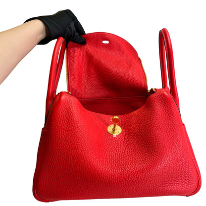 Used HERMES Clemence Lindy Handbag Red