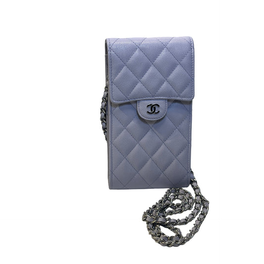 Used CHANEL Quilted Caviar Leather Classic Phone Holder with Chain Phone Bag Light Purple Silver Hardware