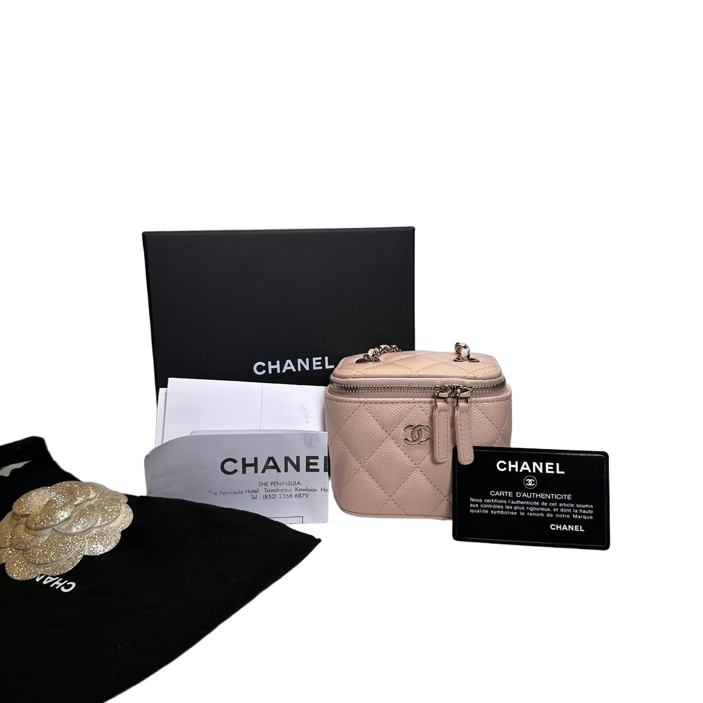 Used CHANEL Caviar Quilted Mini Vanity with Classic Chain Vanity case Beige Light Pink