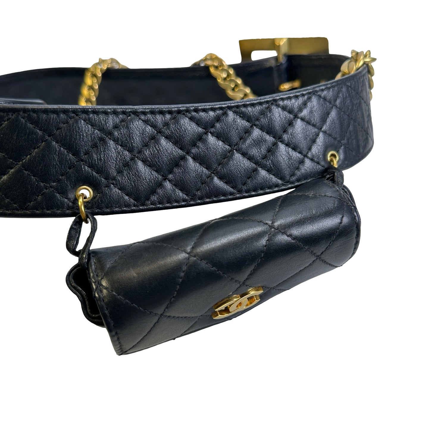 Used CHANEL Quilted Leather Quilted Belt Bag Belt bag Black Gold