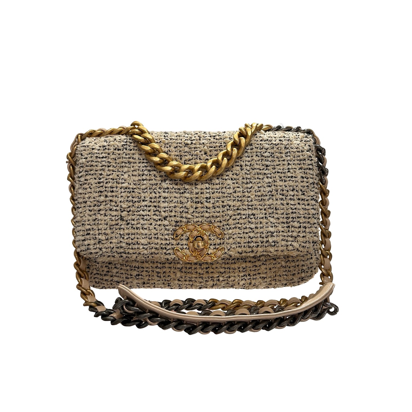 Used CHANEL Tweed 19 Small Cross Body Bag GHW Beige White