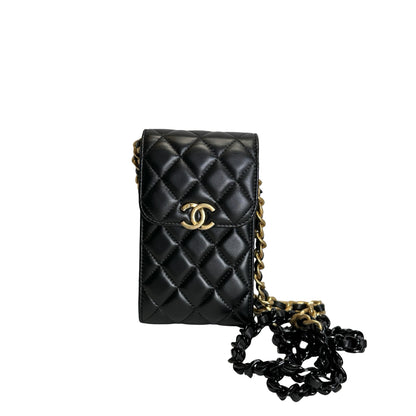 Used CHANEL Quilted Lambskin Chanel 19 Phone Holder Phone Bag Black Gold Ruthenium