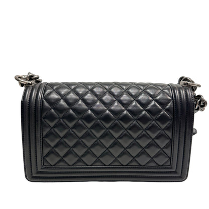 Used Chanel Lambskin Leather Boy 25 Shoulder Bag Black PHW