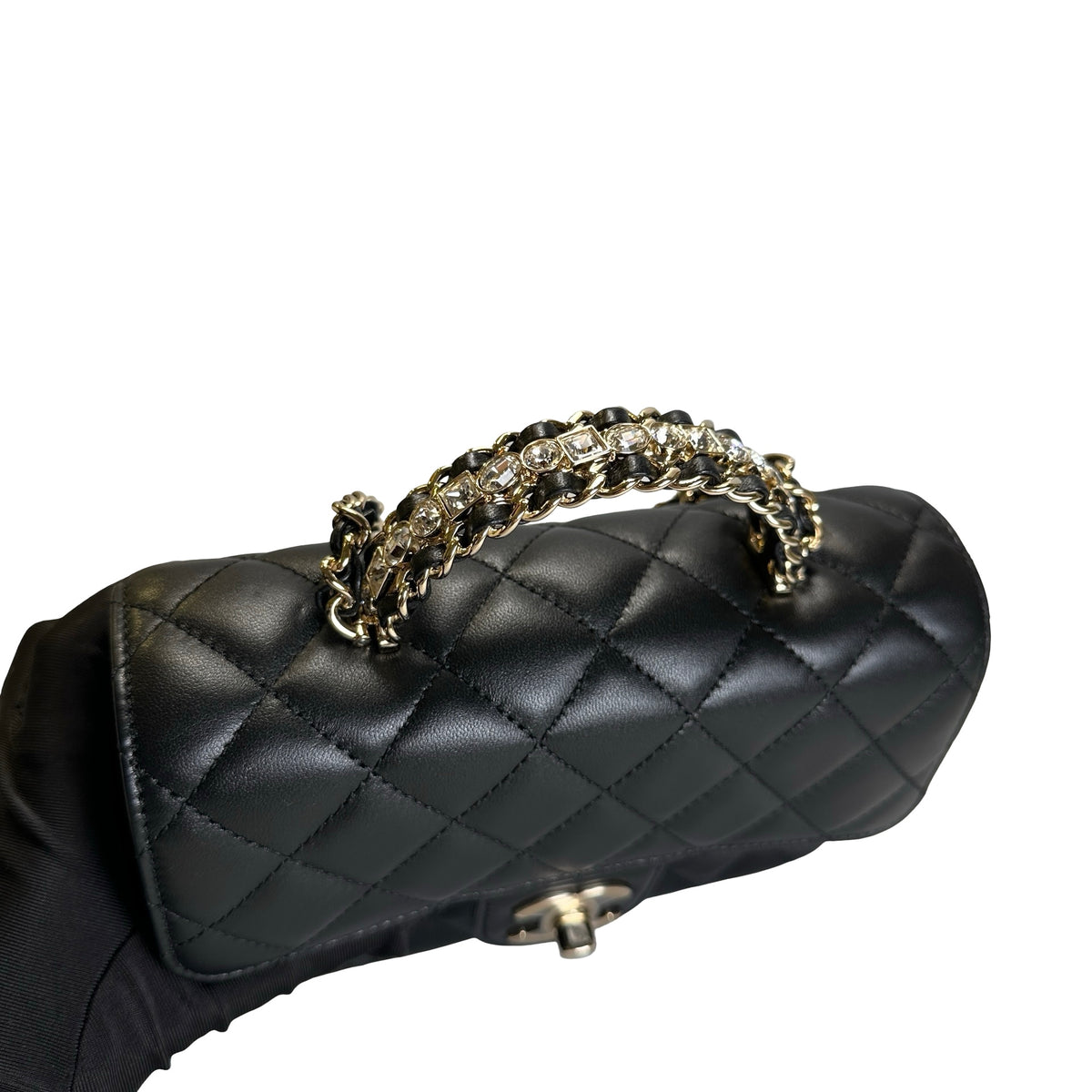 Used CHANEL Quilted Leather Mini Flap Bag with Top Handle Handbag Black