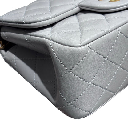 Used CHANEL Lambskin Leather Classic Flap Mini Chain Shoulder Bag Grey GHW