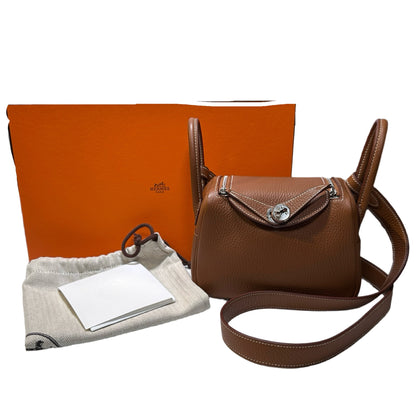 Used HERMÈS Clemence leather Taurillion Mini Lindy Shoulder Bag Gold (37) PHW