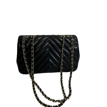 Used CHANEL Chevron Leather Chevron Flap Bag Chain Shoulder Bag Black Gold