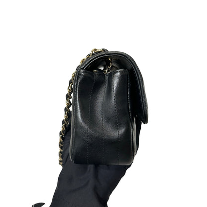 Used CHANEL Chevron Lambskin Leather Mini Square Flap Chain Shoulder Bag Black GHW