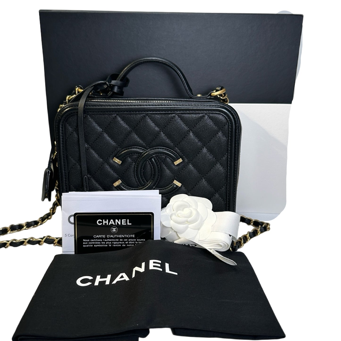 Used CHANEL Quilted Caviar CC Filigree Vanity Case Vanity case Black