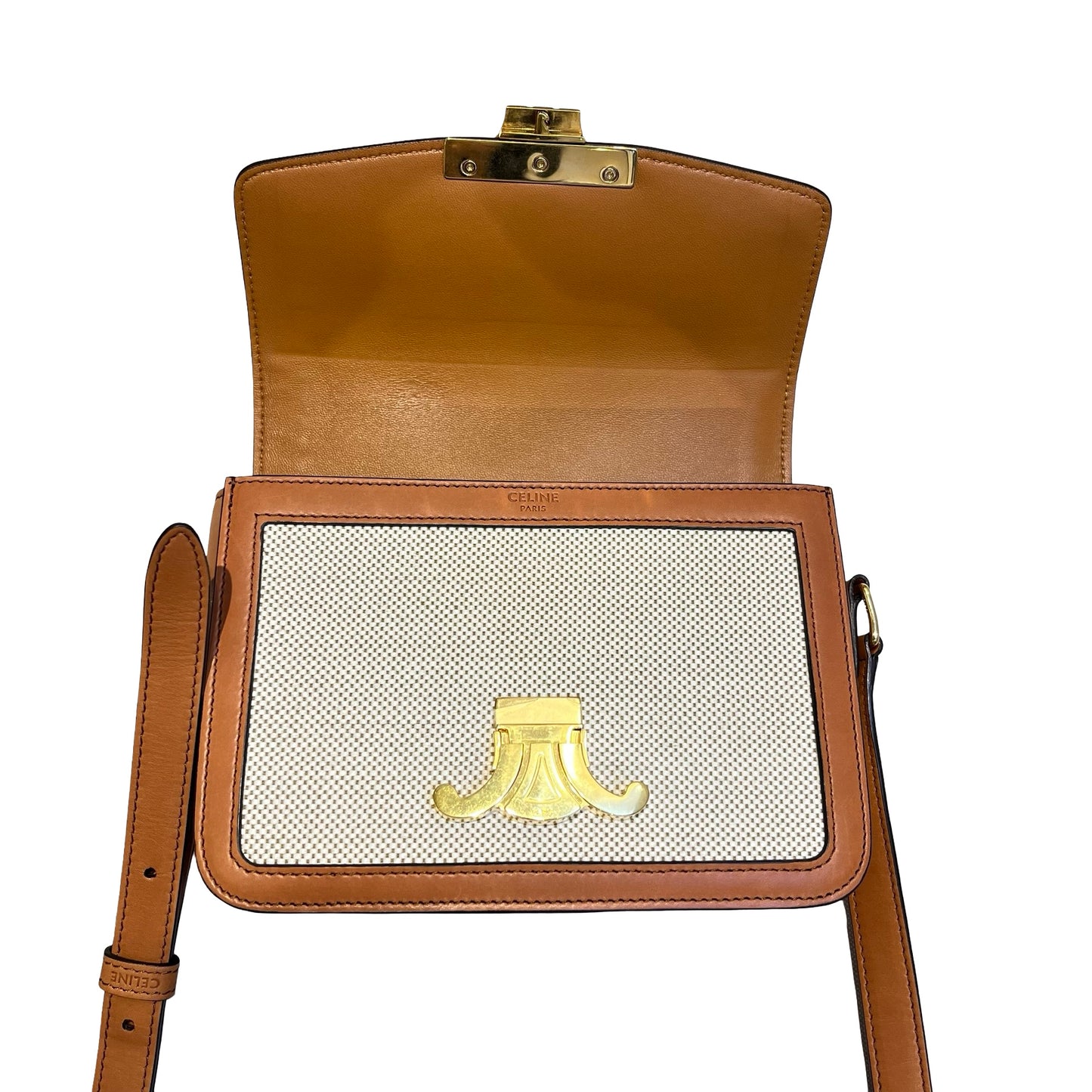 Used CÉLINE Calfskin Leather Triomphe Teen Small Shoulder Bag Natural Tan