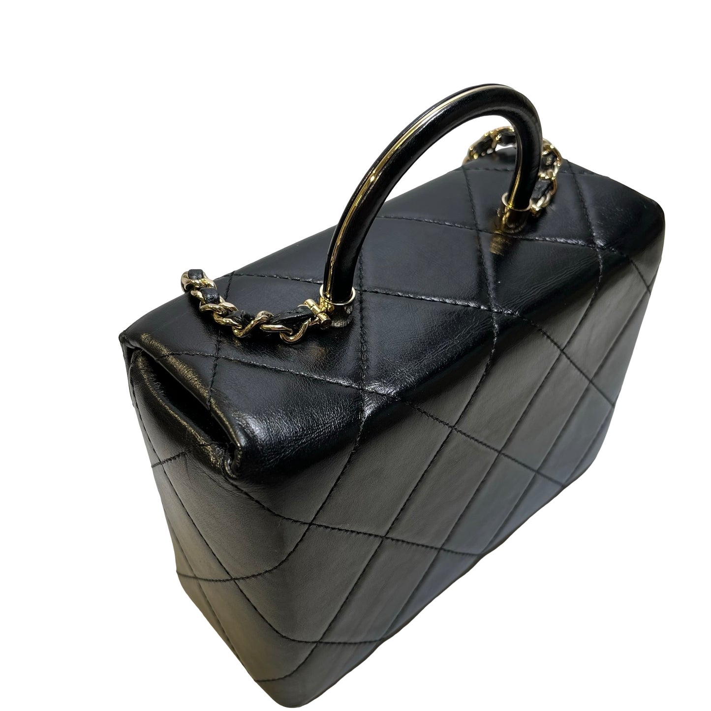 Used CHANEL Quilted Lambskin Mini flap bag with top handle Mini Bag Black Gold tone hardware