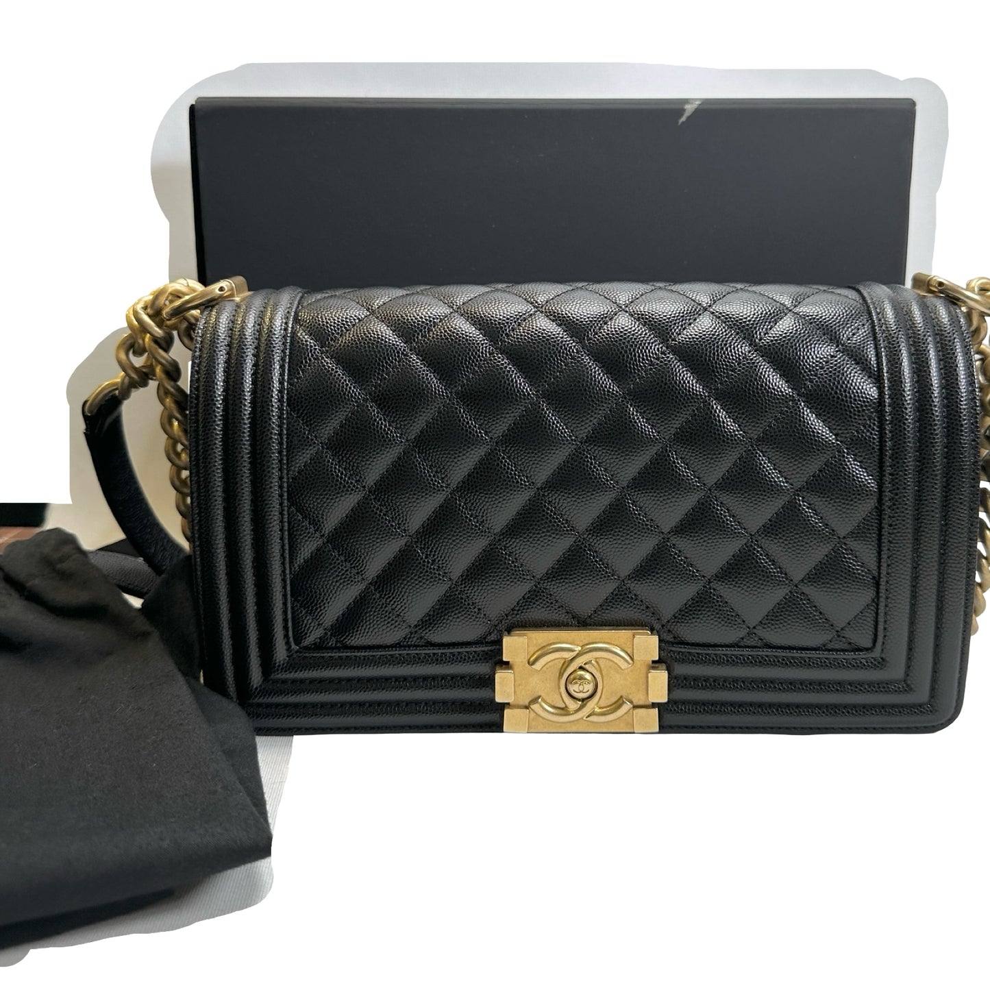 Used CHANEL Quilted Caviar Leather Le Boy Shoulder Bag Black Gold Hardware