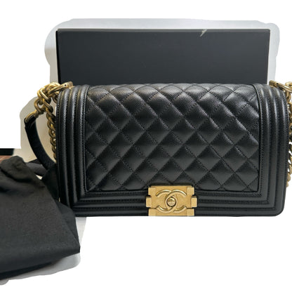 Used CHANEL Quilted Caviar Leather Le Boy Shoulder Bag Black Gold Hardware