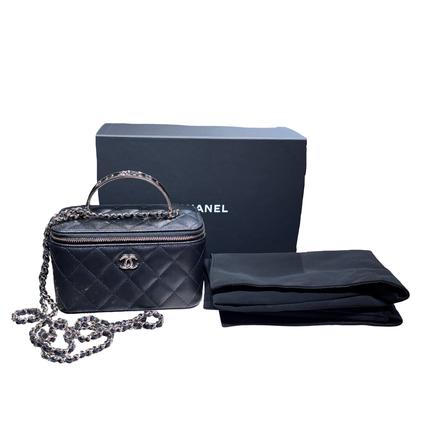 New CHANEL Vanity Case With Handle Clutch Black PHW