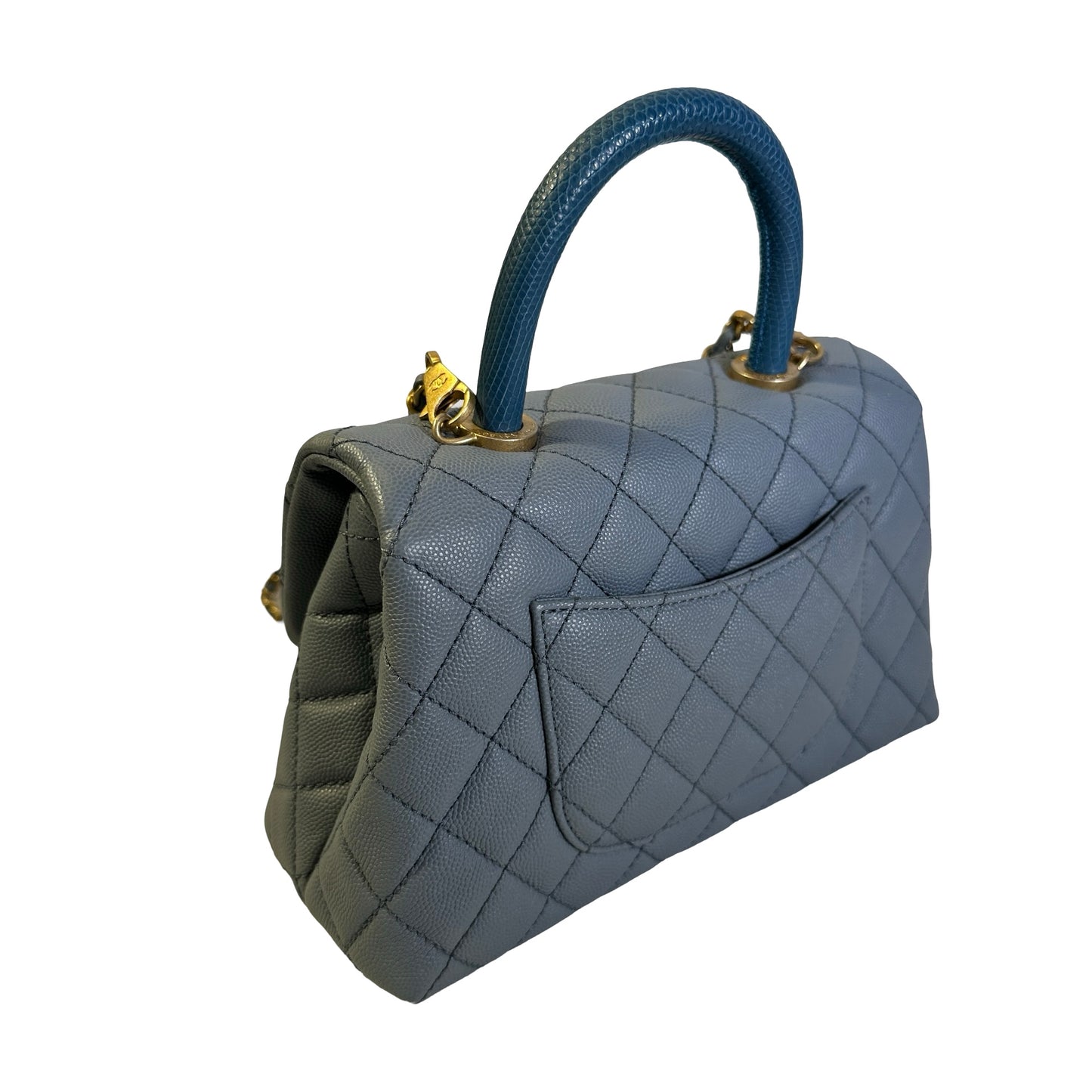 Used CHANEL Quilted Caviar Lizard Coco Handle Handbag Blue