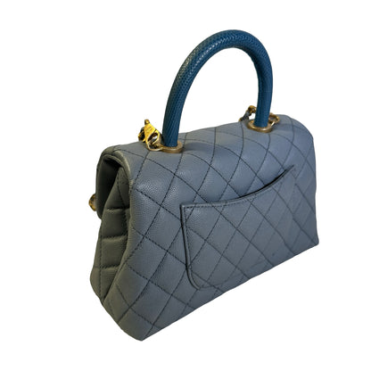 Used CHANEL Quilted Caviar Lizard Coco Handle Handbag Blue