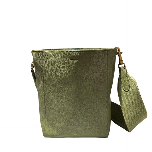 Used CÉLINE Calfskin Leather Sangle Shoulder Bag GREEN GHW