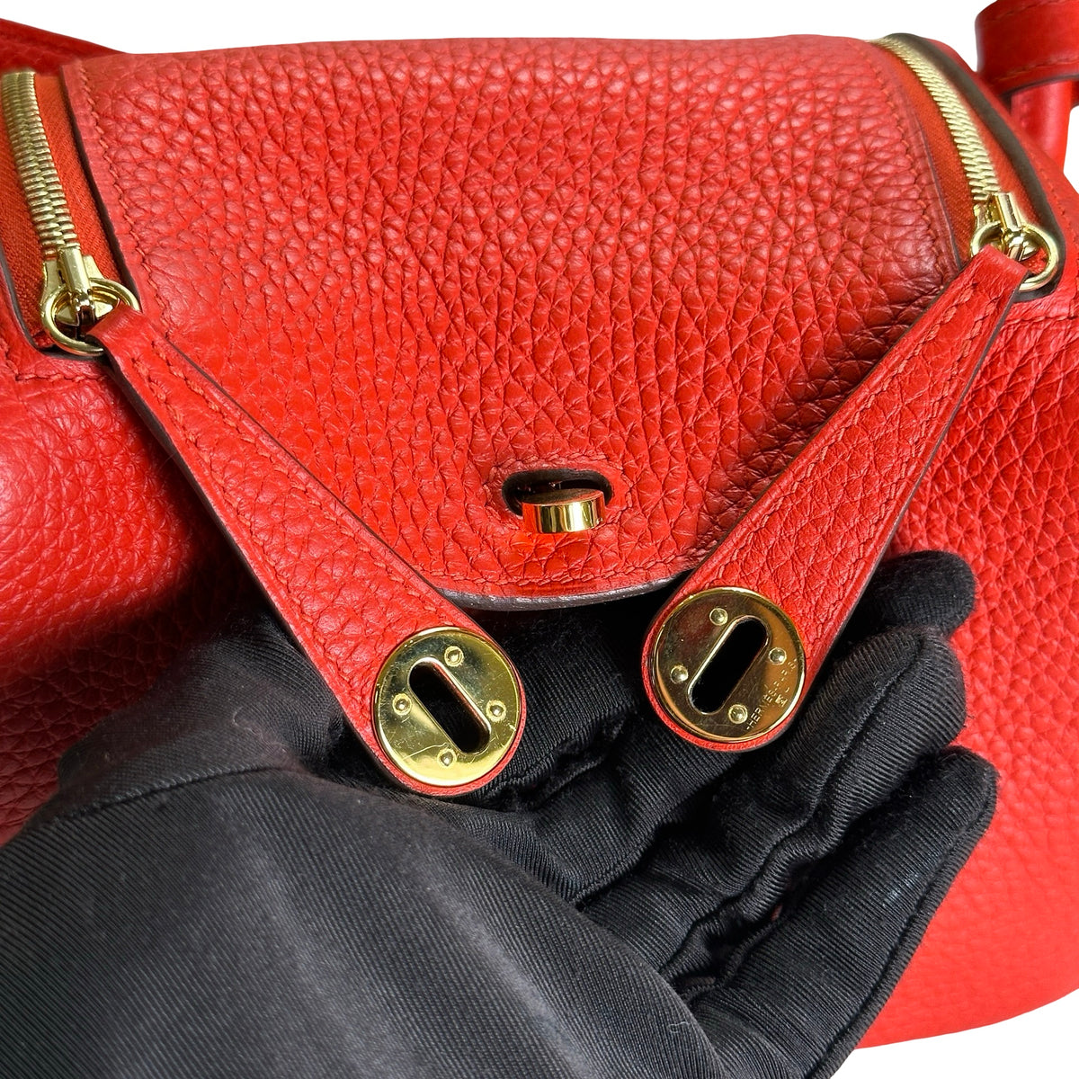 Used HERMES Togo Leather Mini Lindy Handbag Red GHW