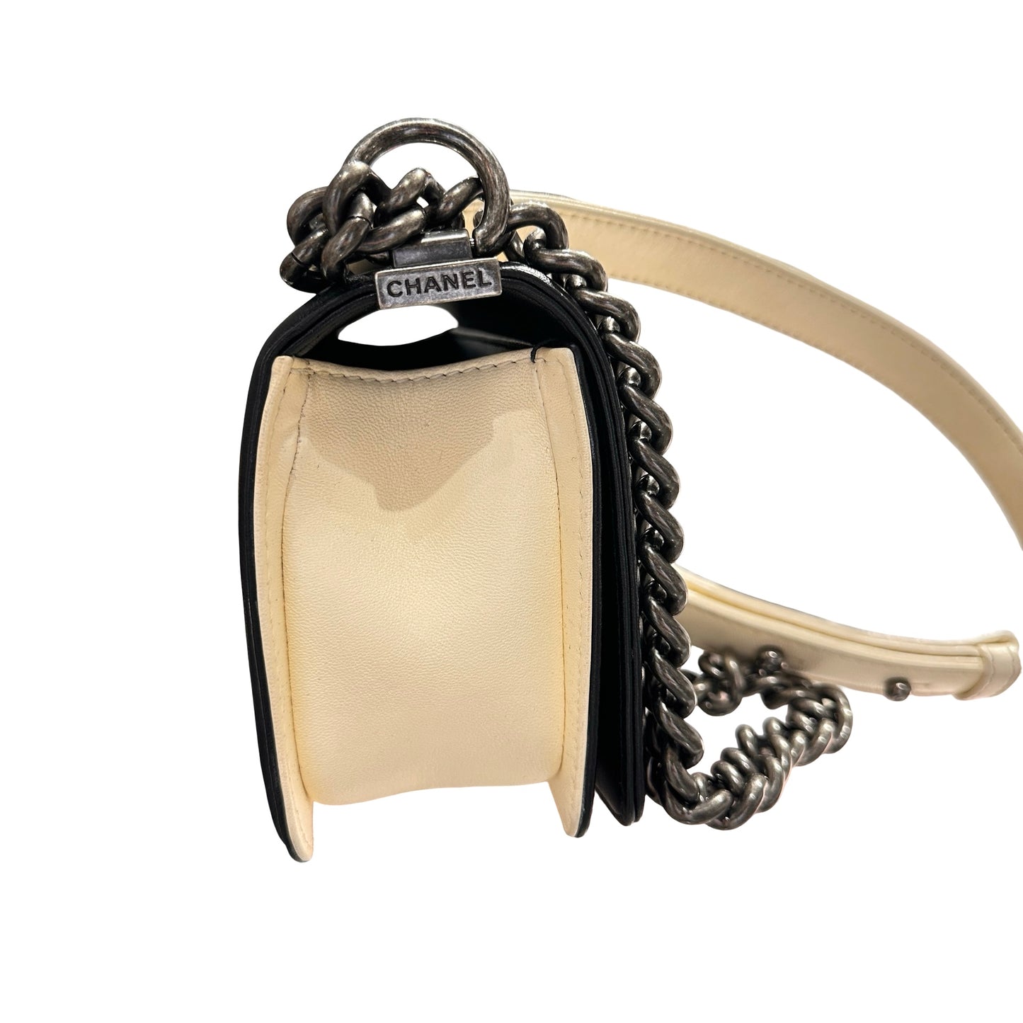 Used CHANEL Lambskin Leather Boy 20cm Shoulder Bag Black White