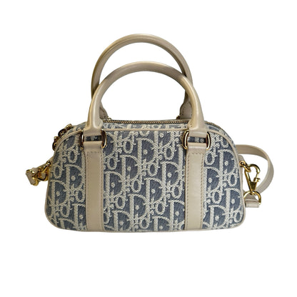 Used CHRISTIAN DIOR Oblique Jacquard D-Vibe Bowling Bag Bowling Bag Blue Beige