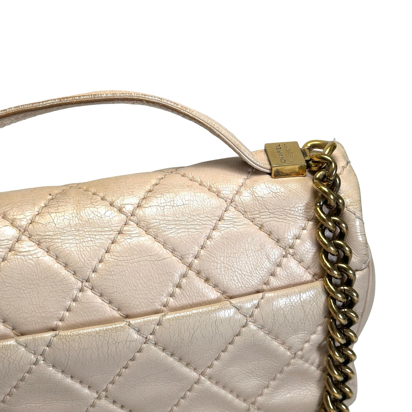 Used CHANEL Quilted Leather Kelly Flap Handbag Beige Gold Tone Hardware
