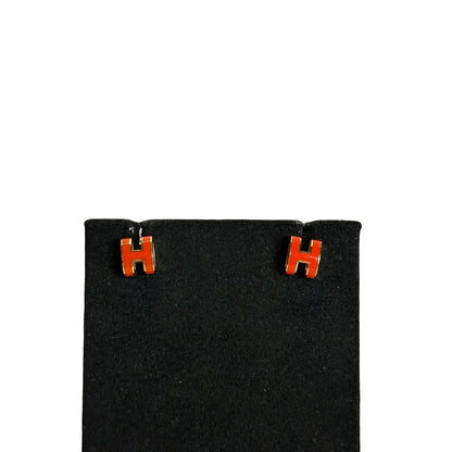Used HERMES Enamel Pop H Earrings Orange Gold